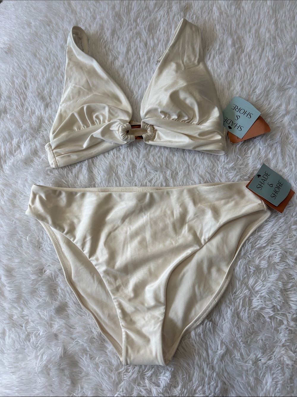 NWT Shade & Shore Off White Shiny 2 Piece Swim Top Size M And Bottoms Size L